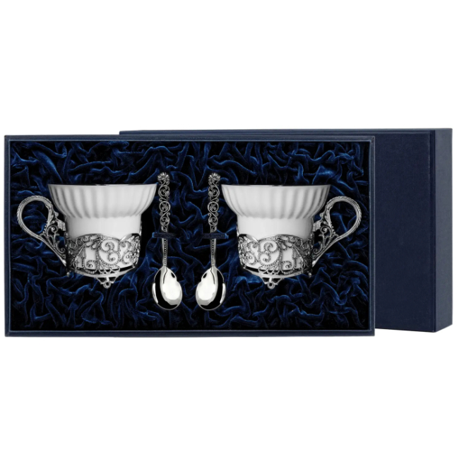 Набор чайных чашек из серебра "Зимние узоры": ложка, чашка Набор чайных чашек из серебра "Зимние узоры": ложка, чашка