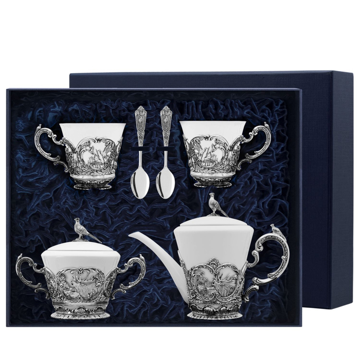 Набор серебряный "Королевская охота": ложка, чашка, чайник, сахарница - артикул: AK01781 | Мосподарок 