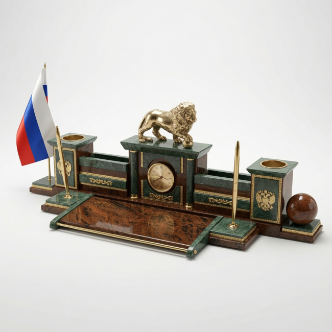 Настольный набор из обсидиана и зеленого мрамора "Лев"