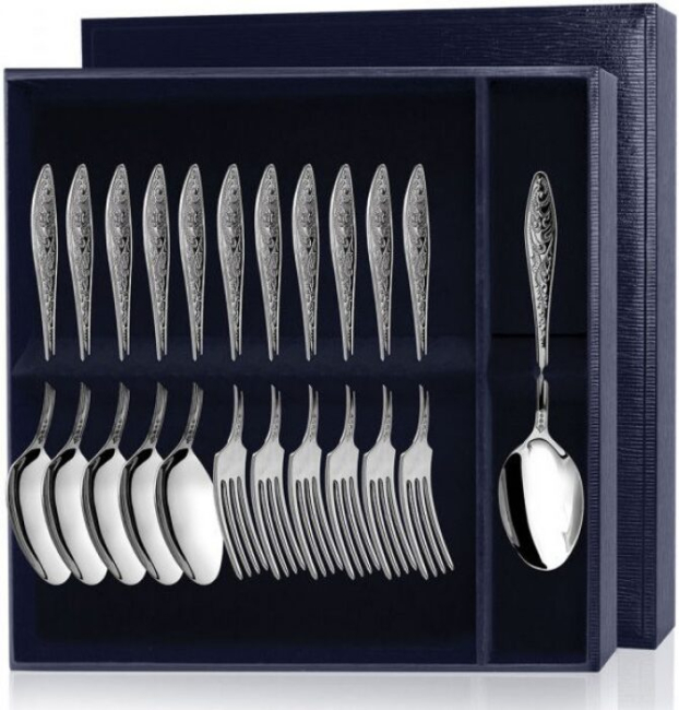 Серебряный десертный набор "Морозко": вилка и ложка, на 6 персон Серебряный десертный набор "Морозко": вилка и ложка, на 6 персон