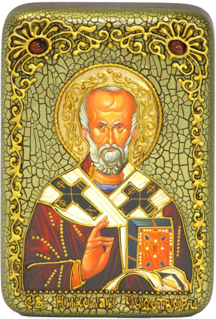 Настольная икона "Святитель Николай, архиепископ Мир Ликийский (Мирликийский), чудотворец" на мореном дубе
