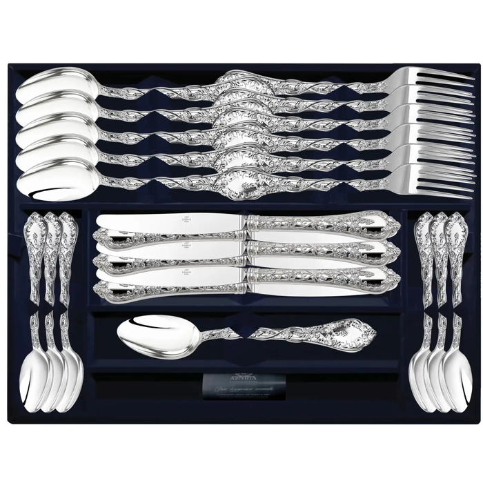 Серебряный столовый набор "Виноградная лоза": вилка, ложка, нож, чайная ложка., на 6 персон - артикул: AK01130 | Мосподарок 