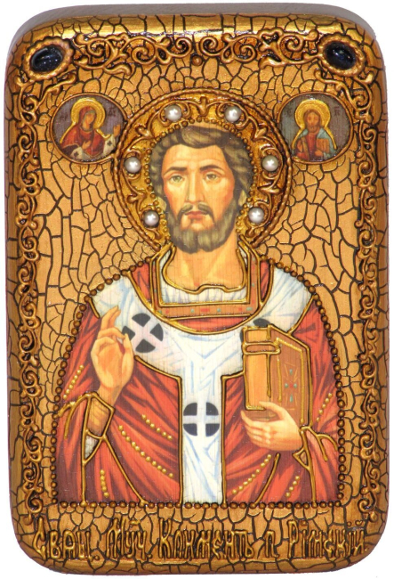 Настольная икона "Священномученик Климент, папа Римский" на мореном дубе