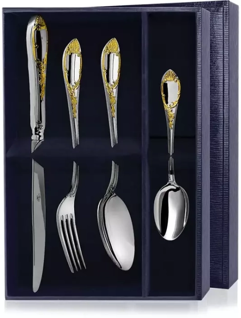 Серебряный столовый набор "Престиж": вилка, ложка, нож, чайная ложка Серебряный столовый набор "Престиж": вилка, ложка, нож, чайная ложка