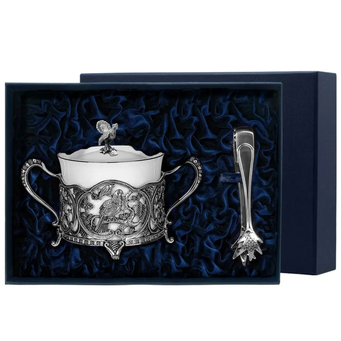 Серебряный набор "Глухариный край": сахарница и щипцы для сахара - артикул: AK01264 | Мосподарок 