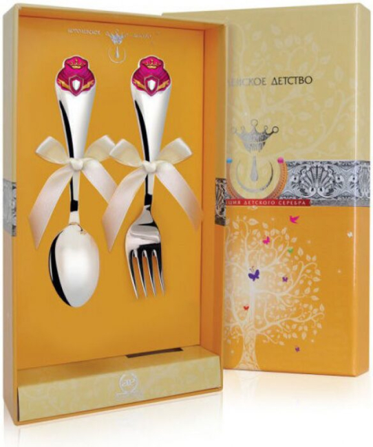 Набор детских серебряных столовых приборов КД "Принцесса": вилка и ложка, на 1 персону