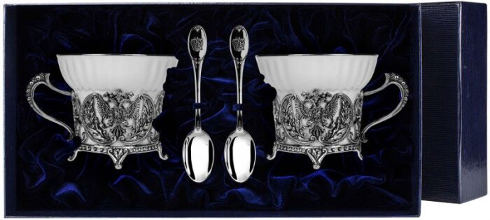 Набор чайных чашек из серебра "Герб" на 2 персоны, с ложками, с чернением - артикул: AK01263 | Мосподарок 