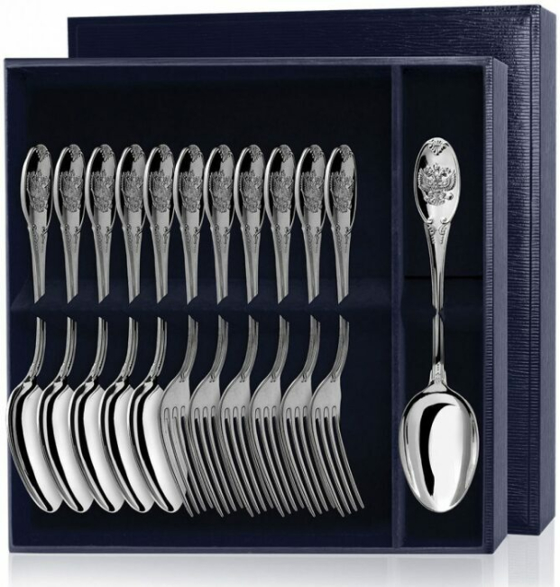 Серебряный столовый набор "Единство": вилка и ложка, 12 предметов Серебряный столовый набор "Единство": вилка и ложка, 12 предметов