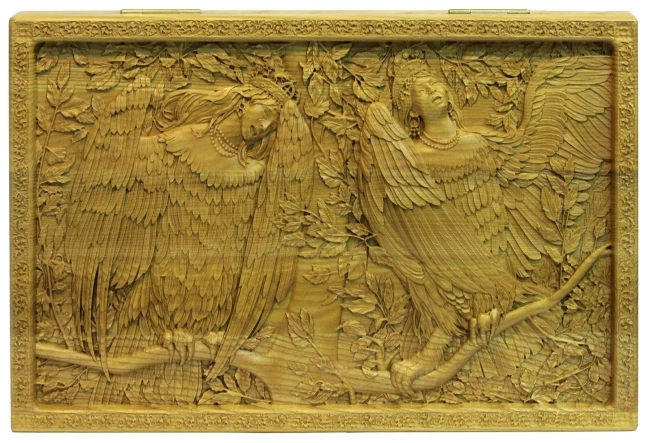 Резные объемные нарды+шашки дорожного размера из массива мореного ясеня "Сирин и Алконост. Песнь радости и печали"