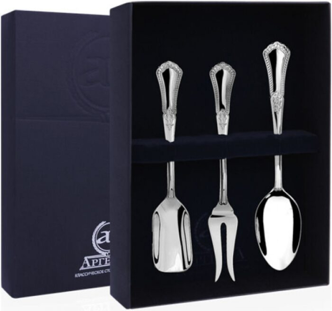 Серебряный набор для чая "Фаворит": вилка для лимона, ложка чайная, совок для сахара Серебряный набор для чая "Фаворит": вилка для лимона, ложка чайная, совок для сахара