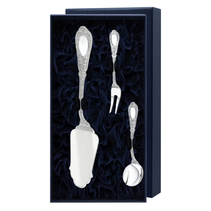 Серебряный чайный набор "Фамильный": вилка для лимона, лопатка для пирожного, совок для сахара - артикул: AK01844 | Мосподарок 
