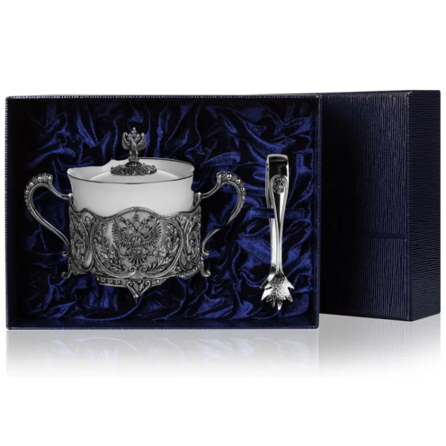 Серебряный набор "Герб": сахарница и щипцы для сахара Серебряный набор "Герб": сахарница и щипцы для сахара