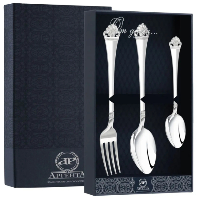 Серебряный набор столовый "Афина" 3 предмета: вилка, ложка, чайная ложка, на 1 персону Серебряный набор столовый "Афина" 3 предмета: вилка, ложка, чайная ложка, на 1 персону