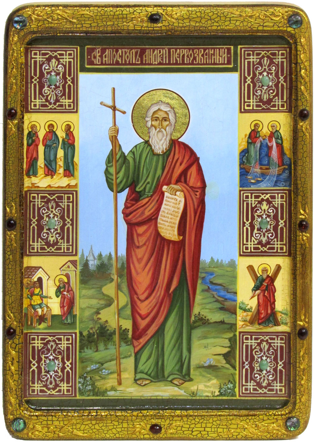 Живописная икона "Святой апостол Андрей Первозванный" на кипарисе в березовом киоте - купить в Москве | Мосподарок 