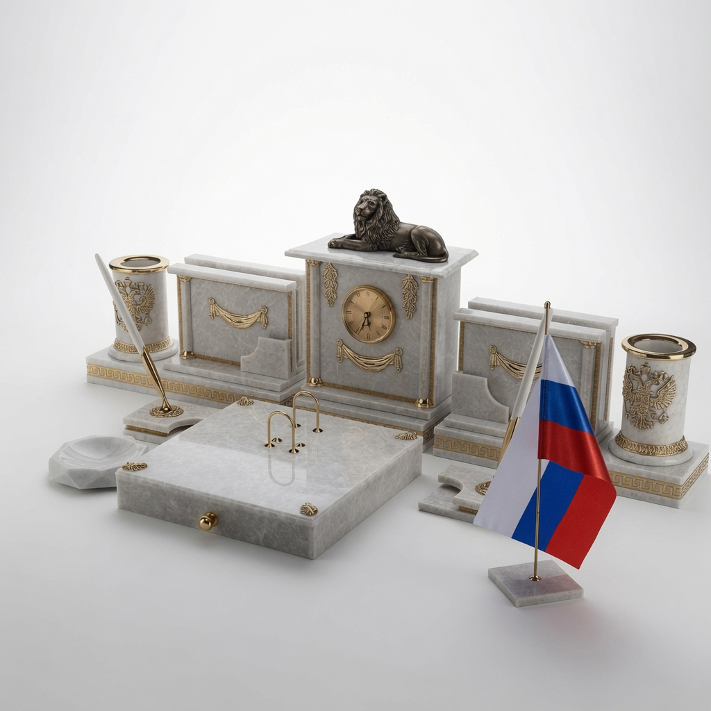 Настольный набор из итальянского мрамора "Лев" - артикул: E13273 | Мосподарок 