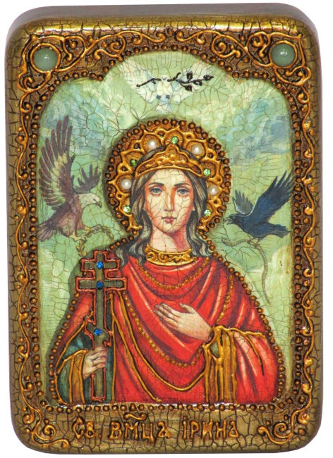 Настольная икона "Святая Великомученица Ирина Македонская" на мореном дубе