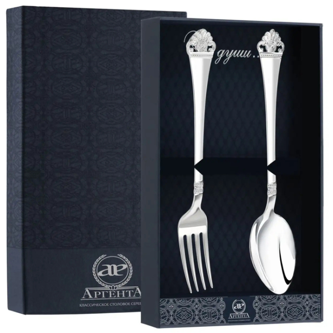 Серебряный набор столовый "Афина" 2 предмета: вилка и ложка, на 1 персону Серебряный набор столовый "Афина" 2 предмета: вилка и ложка, на 1 персону
