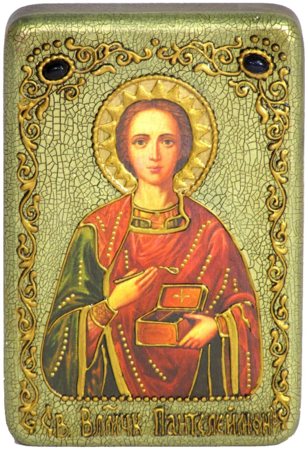 Настольная икона "Святой Великомученик и Целитель Пантелеймон" на мореном дубе