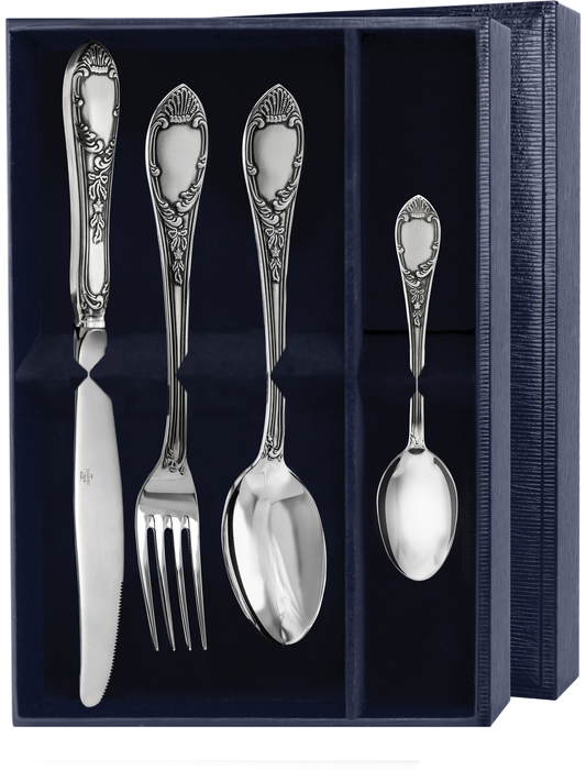 Серебряный столовый набор "Эгоист-Престиж": вилка, ложка, нож, чайная ложка, с чернением - артикул: AK01669 - стоимость: 100 900 руб. Серебряный столовый набор "Эгоист-Престиж": вилка, ложка, нож, чайная ложка, с чернением - артикул: AK01669 | Мосподарок