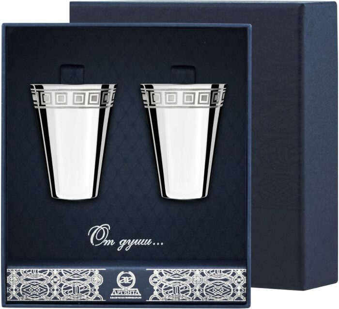 Набор рюмок для водки из серебра "Гладкая" с рисунком "Квадрат" на 2 персоны - артикул: AK01538 | Мосподарок 