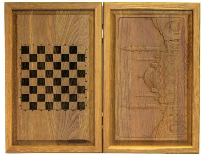 Резные объемные нарды+шашки дорожного размера из массива мореного дуба "Мечеть Султанахмет"