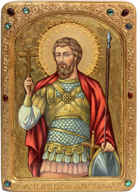 Живописная икона "Святой мученик Виктор Дамасский" на кипарисе в березовом киоте