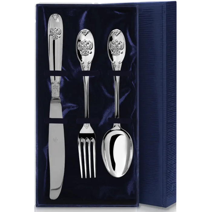 Серебряный столовый набор "Единство": вилка, ложка, чайная ложка, на 1 персону - артикул: AK01251 - стоимость: 61 400 руб. Серебряный столовый набор "Единство": вилка, ложка, чайная ложка, на 1 персону - артикул: AK01251 | Мосподарок
