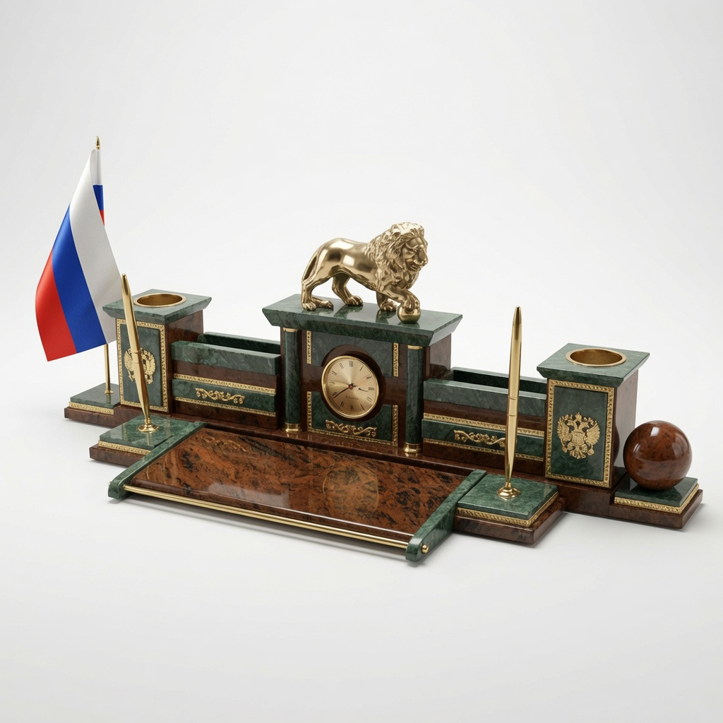 Настольный набор из обсидиана и зеленого мрамора "Лев" - артикул: AR1316 | Мосподарок 