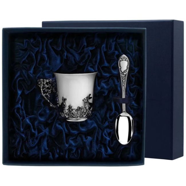 Кофейная чашка из серебра "Зайцы" с ложкой