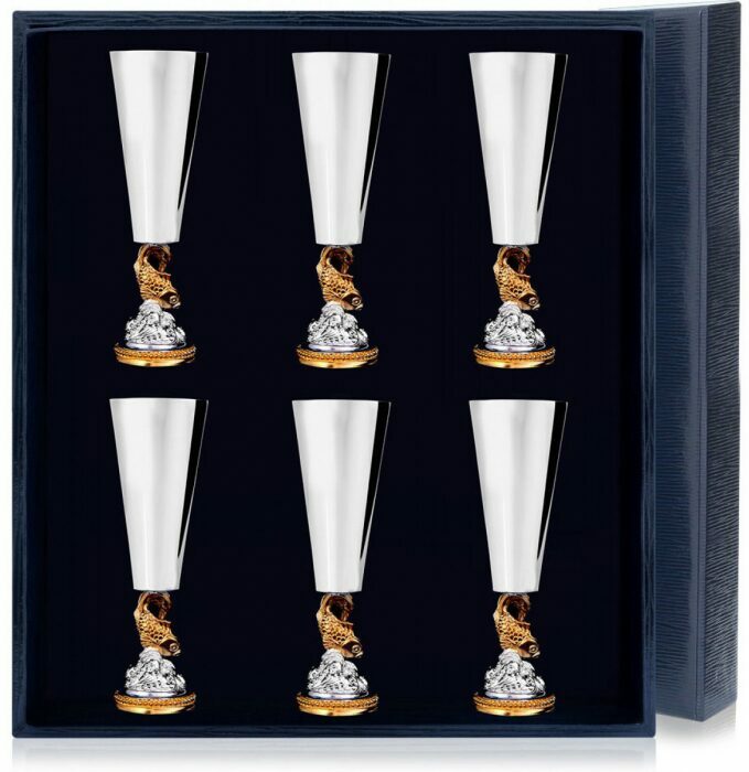 Набор серебряных рюмок для ликера "Золотая Рыбка" с позолотой на 6 персон - артикул: AK01403 - стоимость: 81 300 руб. Набор серебряных рюмок для ликера "Золотая Рыбка" с позолотой на 6 персон - артикул: AK01403 | Мосподарок