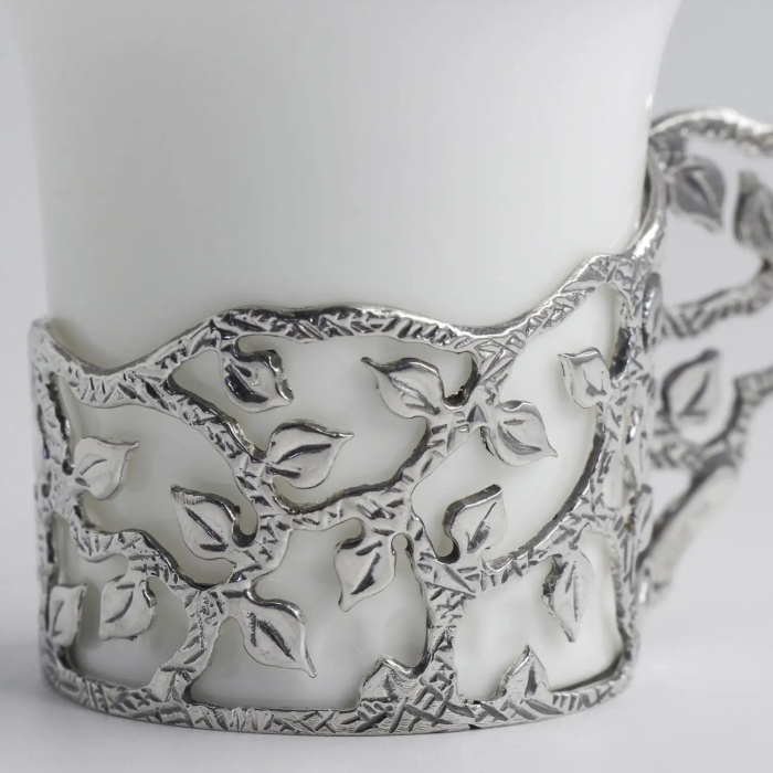 Набор кофейных чашек из серебра "Листопад" на 2 персоны, с ложками - артикул: AK01398 | Мосподарок 