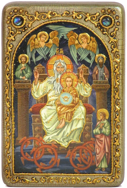 Настольная икона "Отечество (Троица Новозаветная)" на мореном дубе