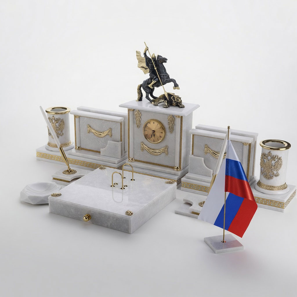 Настольный набор из итальянского мрамора "Георгий Победоносец" - артикул: E13013 | Мосподарок 
