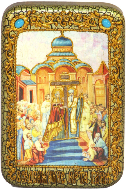 Настольная икона "Воздвижение Святого Креста Господня" на мореном дубе