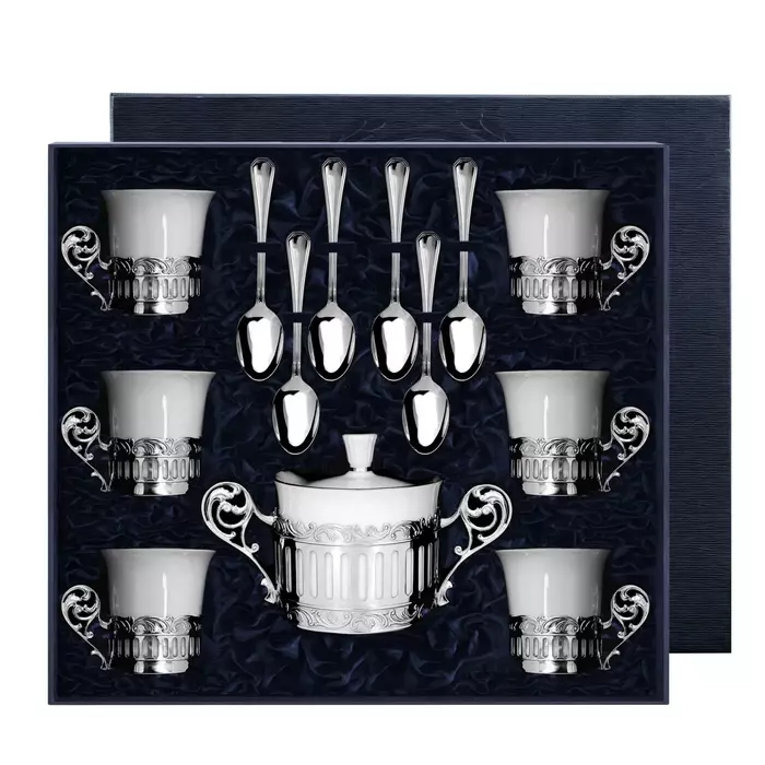 Кофейный набор из серебра и фарфора "Богема": ложка, чашка, сахарница , на 6 персон - артикул: AK01126 | Мосподарок 