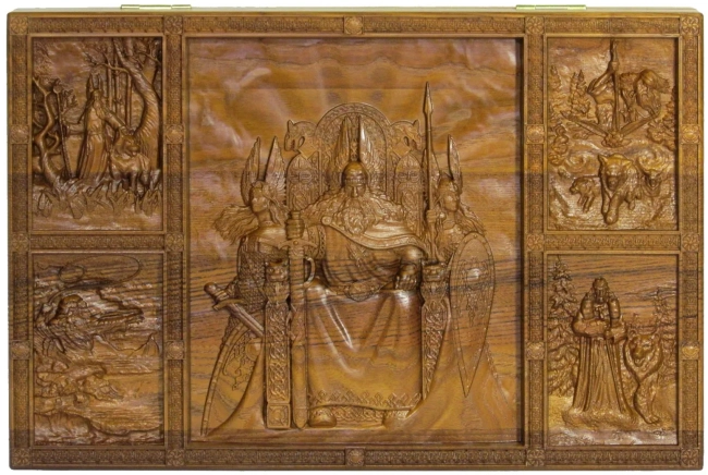 Резные объемные нарды дорожного размера из массива мореного ясеня "Славянские"