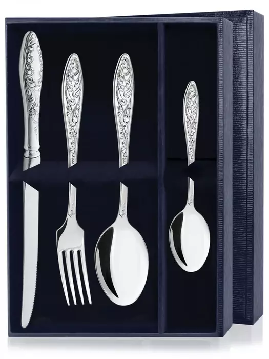 Серебряный десертный набор "Морозко": вилка, ложка, нож, чайная ложка - артикул: AK01704 | Мосподарок 