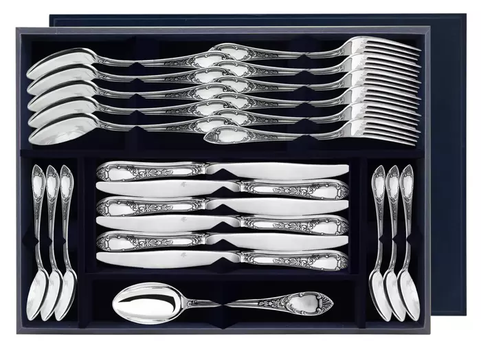 Серебряный столовый набор "Престиж": вилка, ложка, нож, чайная ложка, с чернением - артикул: AK01722 - стоимость: 598 600 руб. Серебряный столовый набор "Престиж": вилка, ложка, нож, чайная ложка, с чернением - артикул: AK01722 | Мосподарок