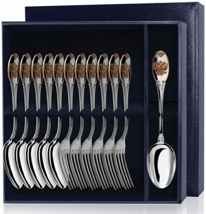 Серебряный столовый набор "Единство" с позолотой 12 предметов (ложки и вилки) - артикул: AK01377 | Мосподарок 