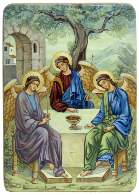 Живописная икона "Троица" в березовом киоте