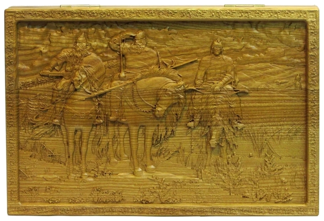 Резные объемные нарды+шашки дорожного размера из массива мореного ясеня "Богатыри"