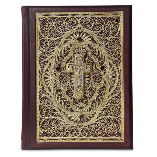 Библия большая в миниатюрах Палеха с филигранью (золото), гранатами
