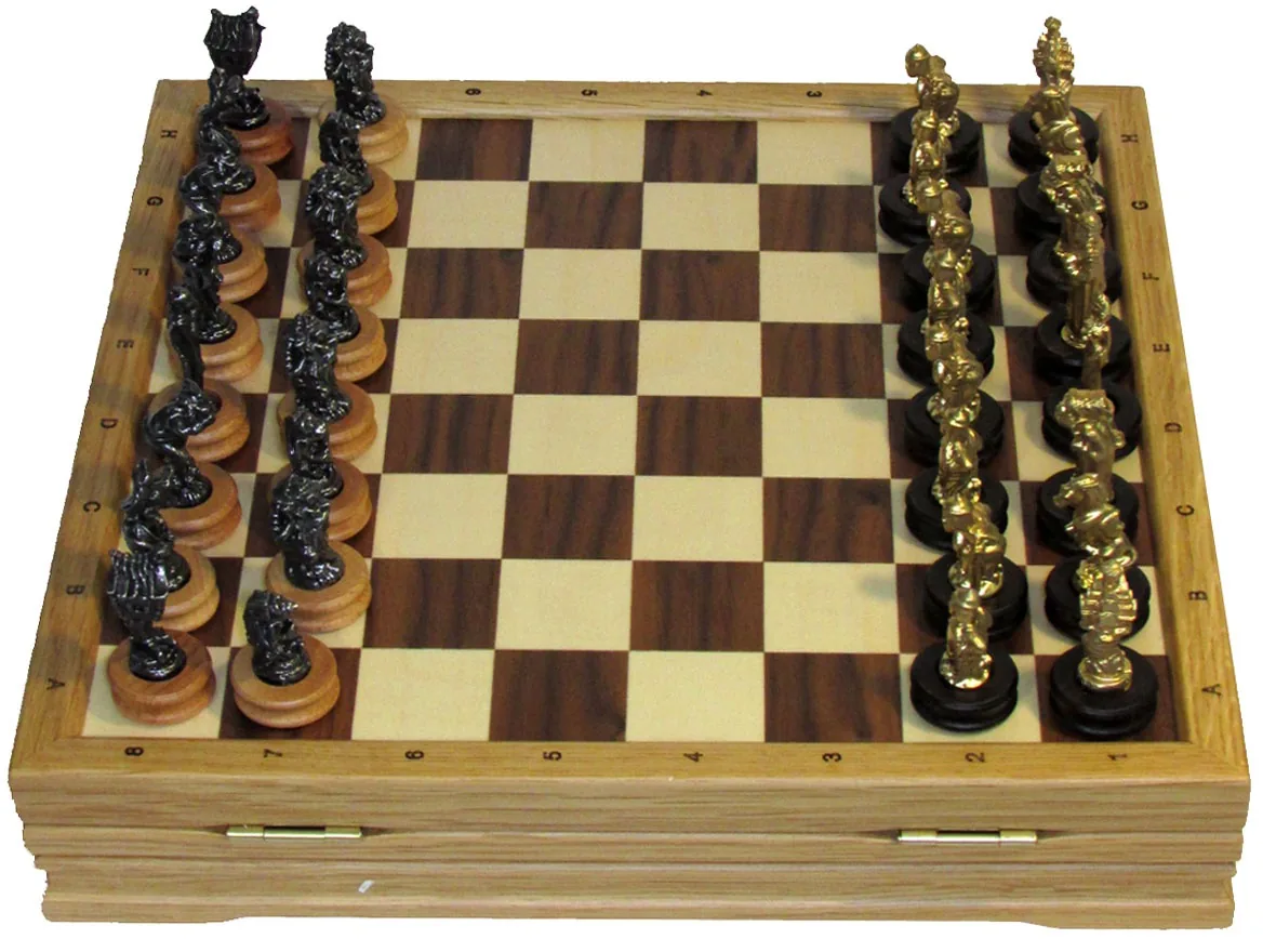 Шахматы "Сказочные" цинковый сплав/черненые на доске из массива дуба 32 см - артикул: 120-82.Z | Мосподарок 