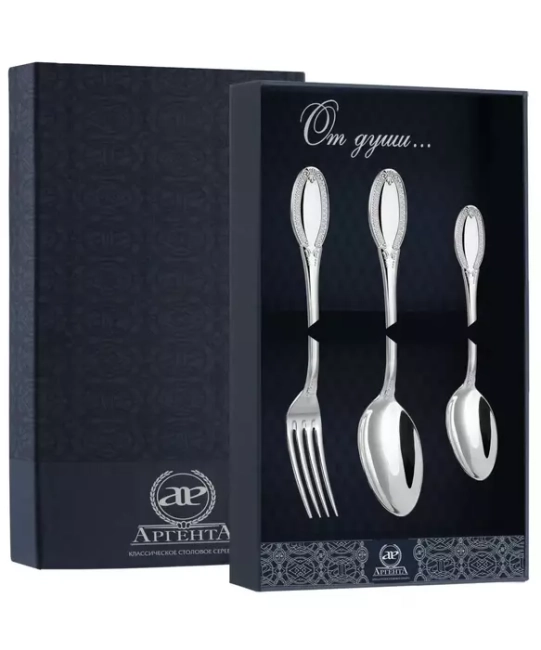 Серебряный десертный набор "Император": вилка, ложка, чайная ложка Серебряный десертный набор "Император": вилка, ложка, чайная ложка