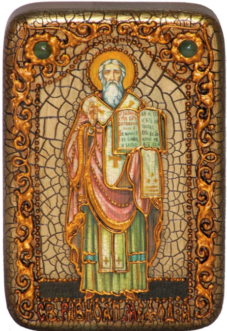 Настольная икона "Святой равноапостольный Мефодий Моравский" на мореном дубе