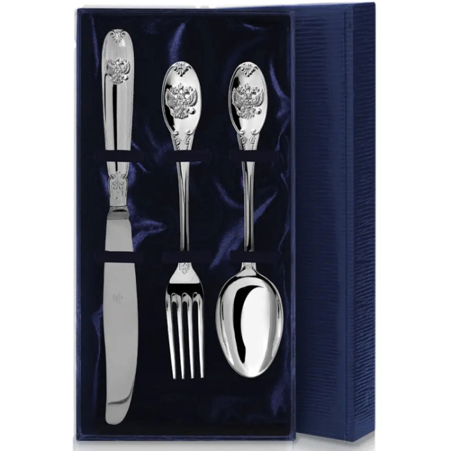 Серебряный столовый набор "Единство": вилка, ложка, чайная ложка, на 1 персону Серебряный столовый набор "Единство": вилка, ложка, чайная ложка, на 1 персону