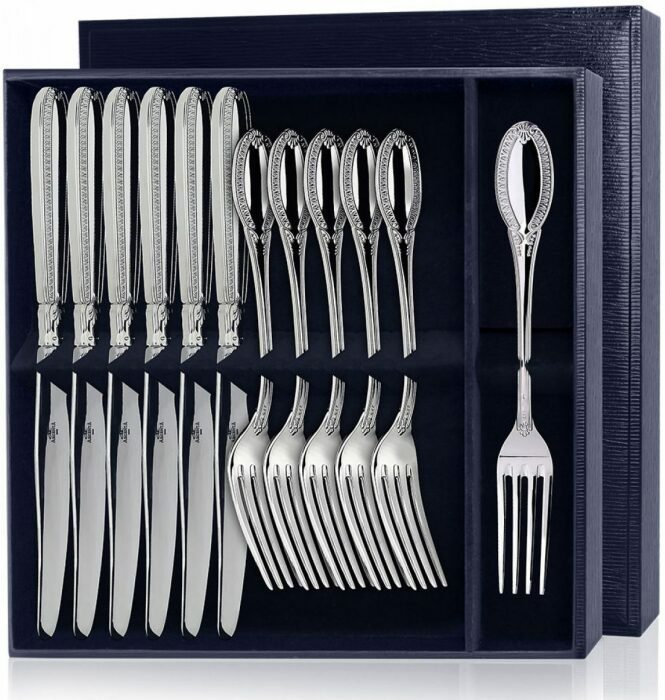 Серебряный столовый набор "Император": вилка и нож, 12 предметов - артикул: AK01380 - стоимость: 258 200 руб. Серебряный столовый набор "Император": вилка и нож, 12 предметов - артикул: AK01380 | Мосподарок