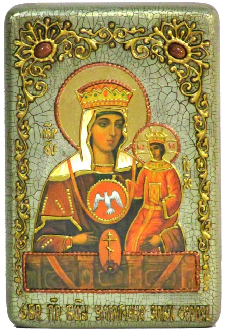 Настольная икона "Образ Божией Матери "Умягчение злых сердец (список с Рудненской-Ченстоховской)" на мореном дубе