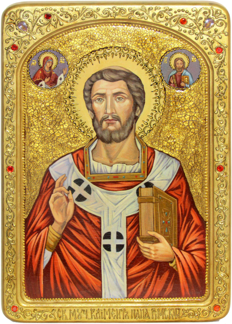 Живописная икона "Священномученик Климент, папа Римский" на кипарисе в березовом киоте