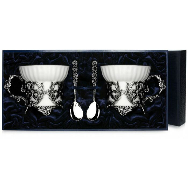 Набор чайных чашек из серебра "Симфония" на 2 персоны, с ложками Набор чайных чашек из серебра "Симфония" на 2 персоны, с ложками